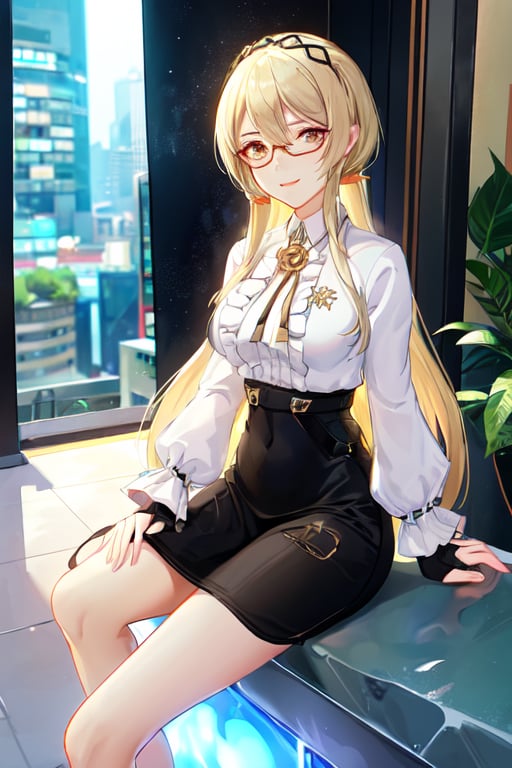 rita, rita rosswiesse, white shirt, black pant, full dress, in city, asian, hand crossed, flower on hair, smile, bangs, one eye hidden with hairs, blonde, hottie, adult, pantyhose, sitting, morning scene, glasses, goggles