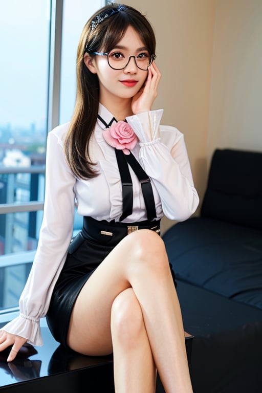 rita, rita rosswiesse, white shirt, black pant, full dress, in city, asian, hand crossed, flower on hair, smile, bangs, one eye hidden with hairs, blonde, hottie, adult, pantyhose, sitting, morning scene, glasses, goggles