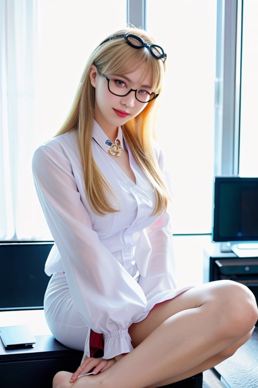 rita, rita rosswiesse, white shirt, black pant, full dress, in city, asian, hand crossed, flower on hair, smile, bangs, one eye hidden with hairs, blonde, hottie, adult, pantyhose, morning scene, glasses, goggles