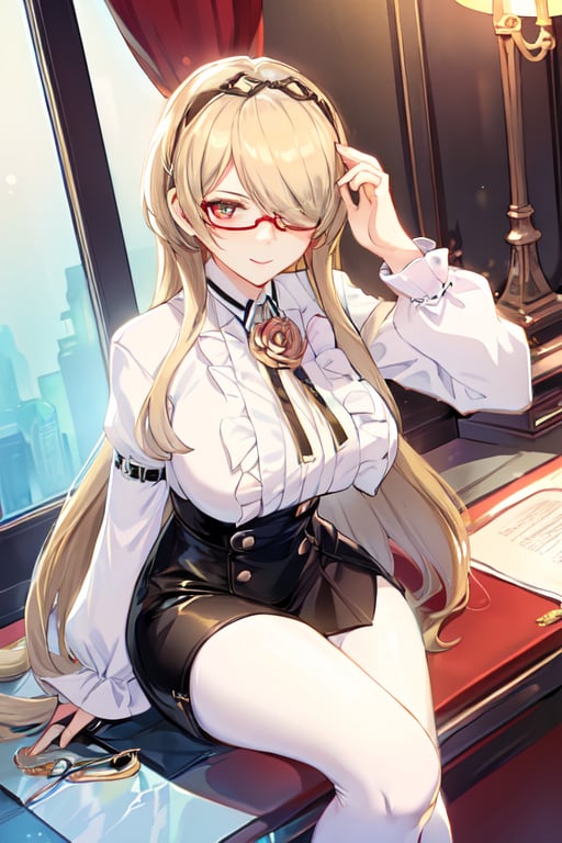 rita, rita rosswiesse, white shirt, black pant, full dress, in city, asian, hand crossed, flower on hair, smile, bangs, one eye hidden with hairs, blonde, hottie, adult, pantyhose, sitting, morning scene, glasses, goggles