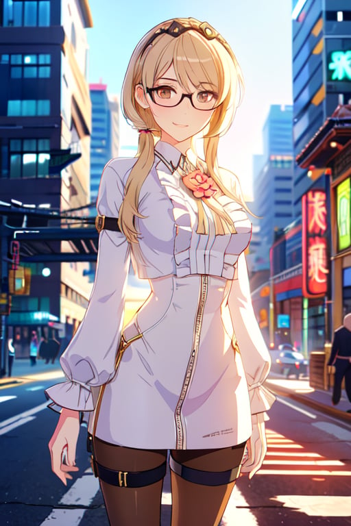 rita, rita rosswiesse, white shirt, black pant, full dress, in city, asian, hand crossed, flower on hair, smile, bangs, one eye hidden with hairs, blonde, hottie, adult, pantyhose, morning scene, glasses, goggles,Girl