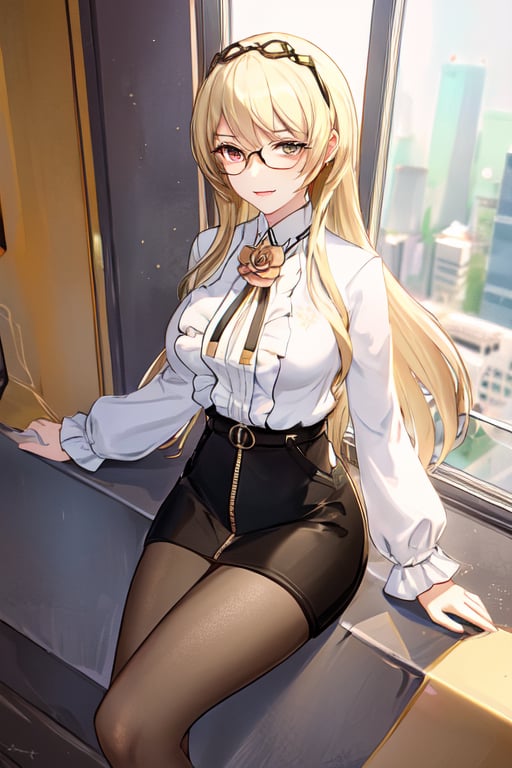 rita, rita rosswiesse, white shirt, black pant, full dress, in city, asian, hand crossed, flower on hair, smile, bangs, one eye hidden with hairs, blonde, hottie, adult, pantyhose, sitting, morning scene, glasses, goggles