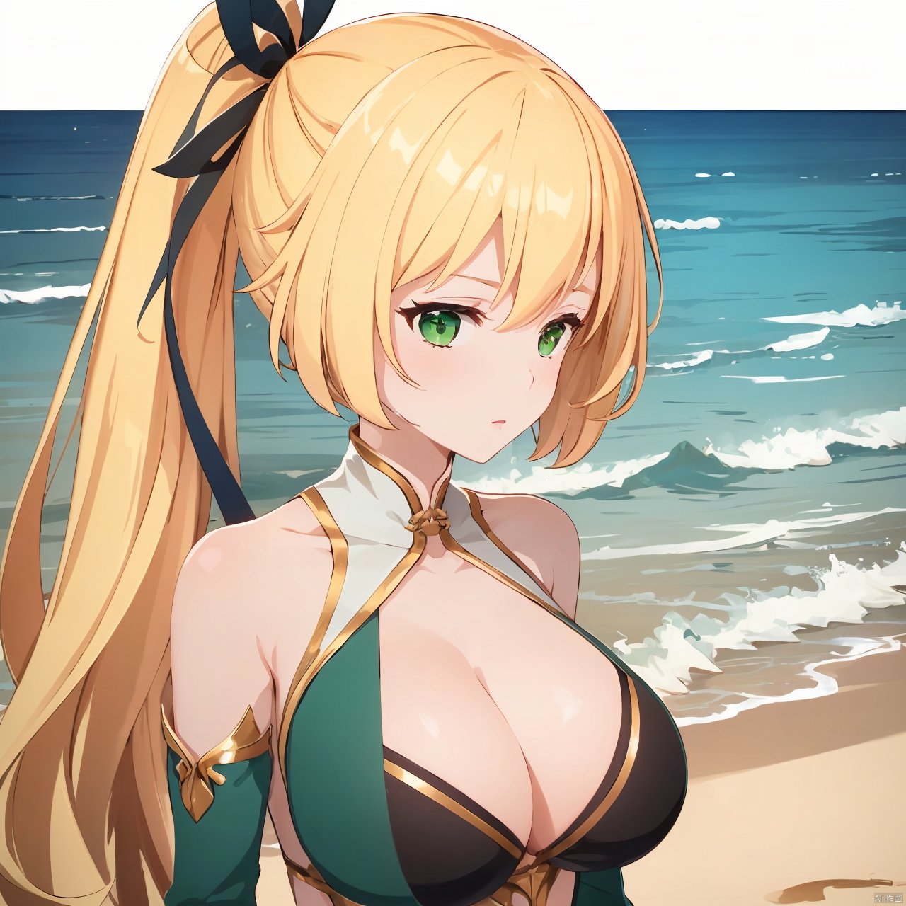 xi_xiao_tian, 1girl, solo, long hair, blonde hair, green eyes, side ponytail, hair ribbon, hair ornament, large breasts, cleavage, green dress,

on the beach, over the sea, 

(bust:1.3),