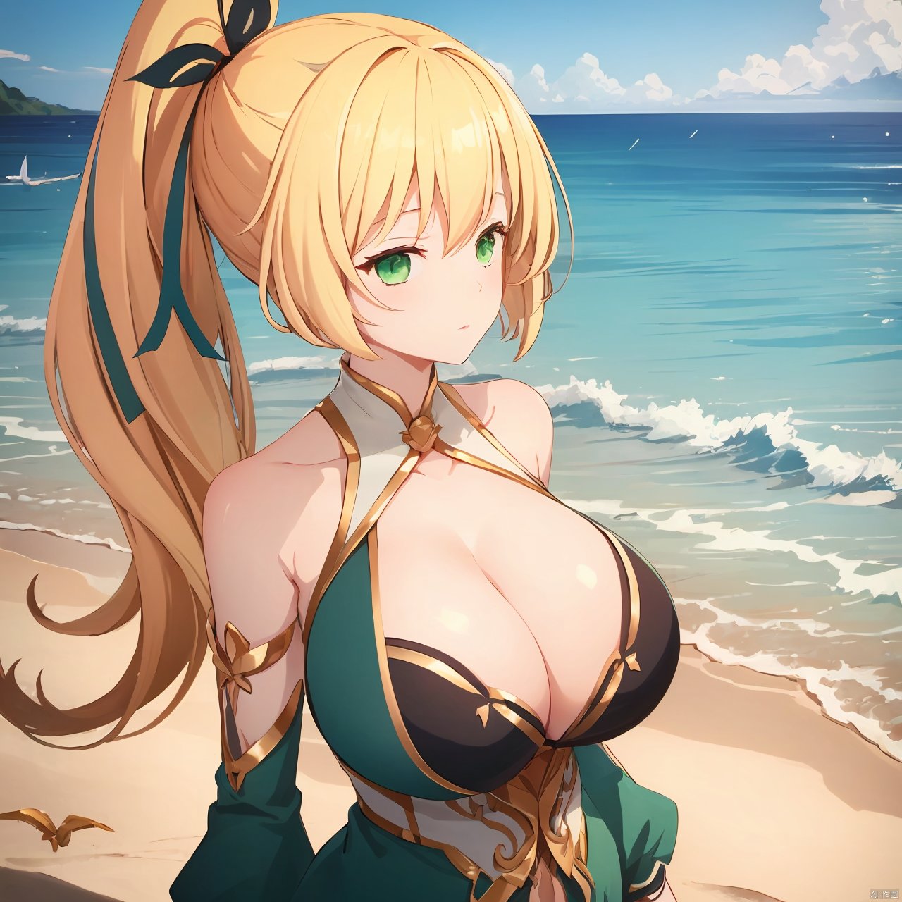 xi_xiao_tian, 1girl, solo, long hair, blonde hair, green eyes, side ponytail, hair ribbon, hair ornament, large breasts, cleavage, green dress,

on the beach, over the sea, 

(bust:1.3),