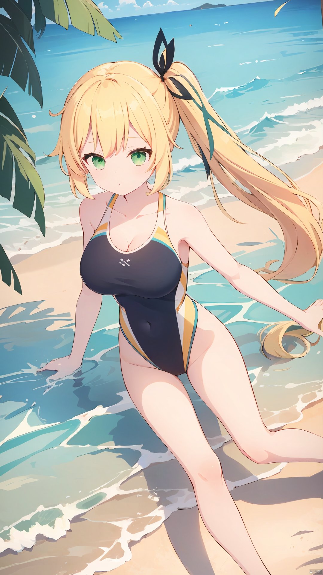 xi_xiao_tian, 1girl, solo, long hair, blonde hair, green eyes, side ponytail, hair ribbon, hair ornament, large breasts, cleavage, collarbone, competition swimsuit,

on the beach, over the sea,

(full-body shot, full body:1.3), xi_xiao_tian