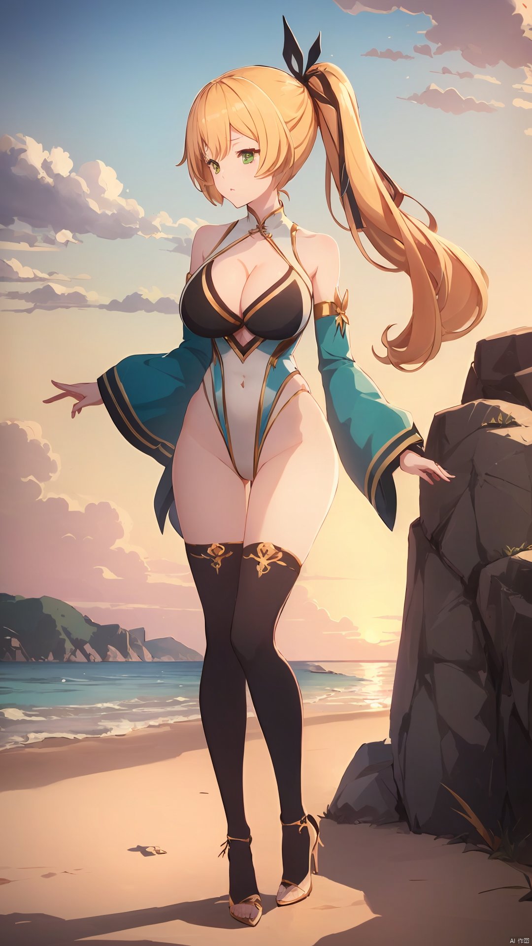 xi_xiao_tian, 1girl, solo, long hair, blonde hair, green eyes, side ponytail, hair ribbon, hair ornament, large breasts, cleavage, collarbone, bare shoulders, detached sleeves, black legwear, high heels, competition swimsuit,

on the beach, over the sea,

(full-body shot, full body:1.3),