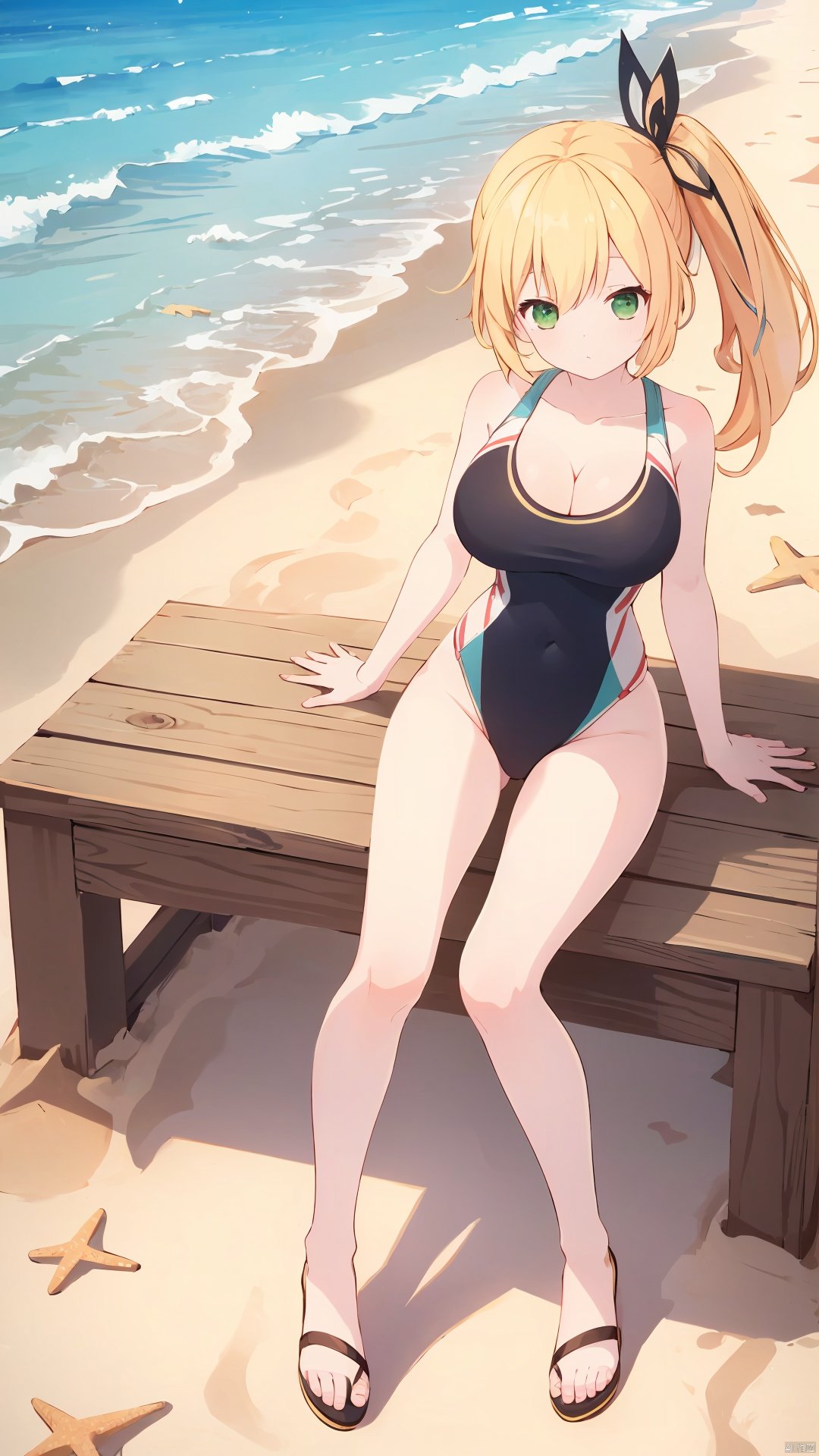 xi_xiao_tian, 1girl, solo, long hair, blonde hair, green eyes, side ponytail, hair ribbon, hair ornament, large breasts, cleavage, collarbone, competition swimsuit,

on the beach, over the sea,

(full-body shot, full body:1.3), xi_xiao_tian