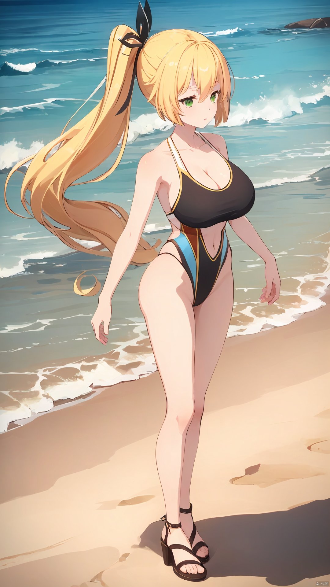 xi_xiao_tian, 1girl, solo, long hair, blonde hair, green eyes, side ponytail, hair ribbon, hair ornament, large breasts, cleavage, collarbone, competition swimsuit,

on the beach, over the sea,

(full-body shot, full body:1.3),