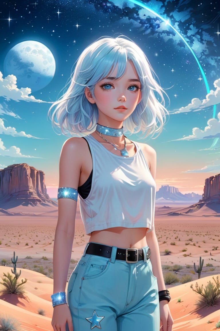Wide drawing of a girl with pearly white hair, gazing forward, amidst a scene of a vast desert with oases that sparkle under the stars, girl as the central focus, She should have long, light blue hair and wear a tank top and cropped pants, Additionally, she should be wearing a choker as an accessory, The background should complement the character's beauty and style, (Schizowave), , perhaps with a serene and dreamy landscape, soft pastel colors, and subtle lighting to enhance the overall aesthetic