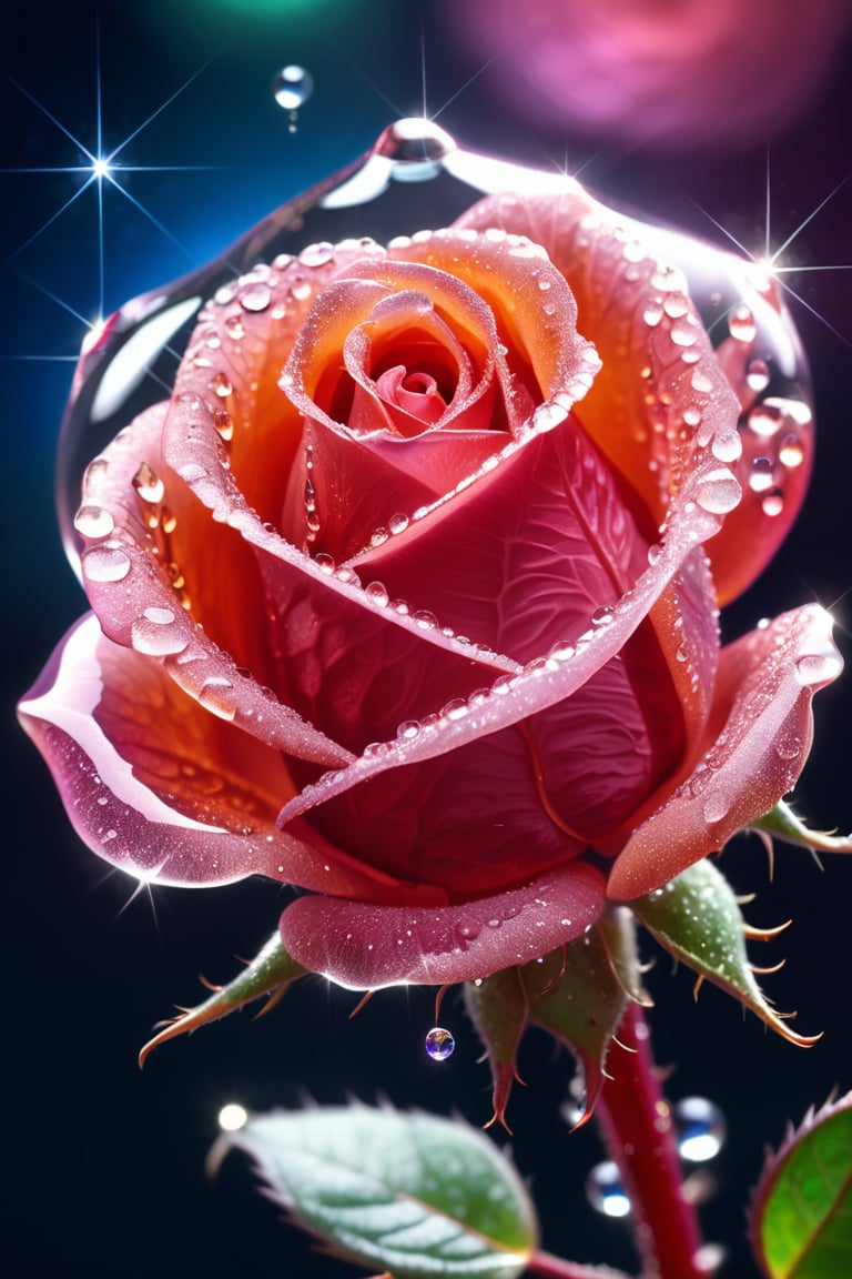 macro photo, sparkling magical fantasy glass rose dewdrop, very detailed, amazing quality, intricate, cinematic light, highly detail, beautiful, surreal, dramatic, galaxy fantasy colors,  