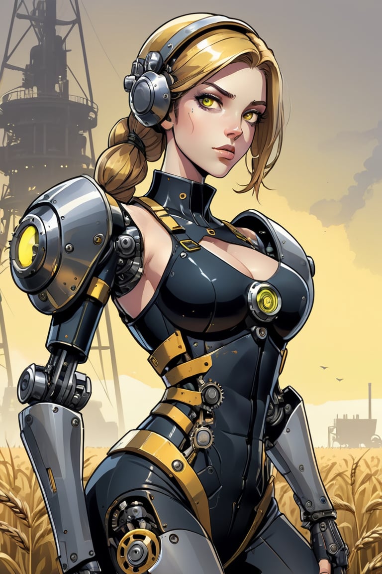 (plain 2D black on yellow two-colour illustration, pastel, two-colour, stains, aged and tattered, (pop icon art style:1.5))
(from below:1.1), oats field, misty dusk and fog, exterior, (a close portrait, girl, medieval, medieval cyborg girl:1.1), haymaker, harvest, [scythe:.4], cogs, gears, wires, cabels, robot, looking at the viewer, steampunk style hangar, head tilt, beautiful eyes, (cyborg girl body, sit, aestetic pose, harvesting machines, wheels, asphalt, industrial, glass, machinery, factory:1.1), (Dynamic Angle:1.5), (Dynamic Pose:1.5), (Expressive Thematic Background:1.3), (Ballistic Missles:1.3), (Alien Skies:1.3), (Key Lighting, Selective Focus:1.3),