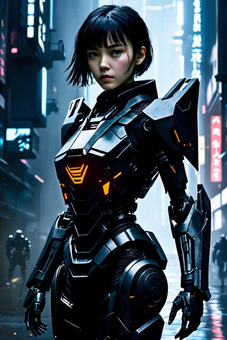 a girl in the dark, mecha, sci-fi armor, black matte angular armor, Bladerunner 2049,   