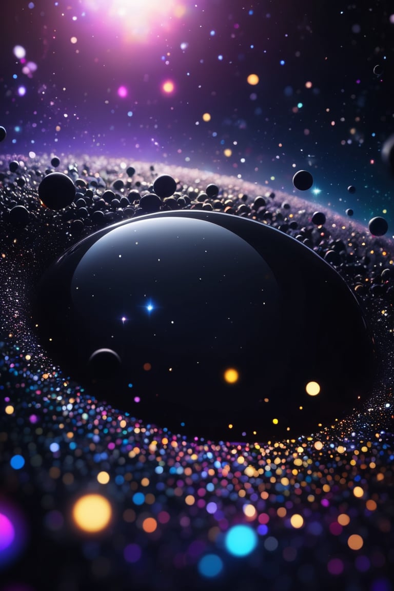 close up angle of (( black floating on air)), (dist) , detailed focus, deep bokeh, beautiful, dreamy colors, dark cosmic background. Visually delightful