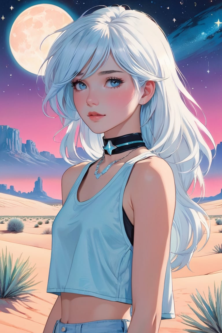 Wide drawing of a girl with pearly white hair, gazing forward, amidst a scene of a vast desert with oases that sparkle under the stars, girl as the central focus, She should have long, light blue hair and wear a tank top and cropped pants, Additionally, she should be wearing a choker as an accessory, The background should complement the character's beauty and style, (Schizowave), , perhaps with a serene and dreamy landscape, soft pastel colors, and subtle lighting to enhance the overall aesthetic