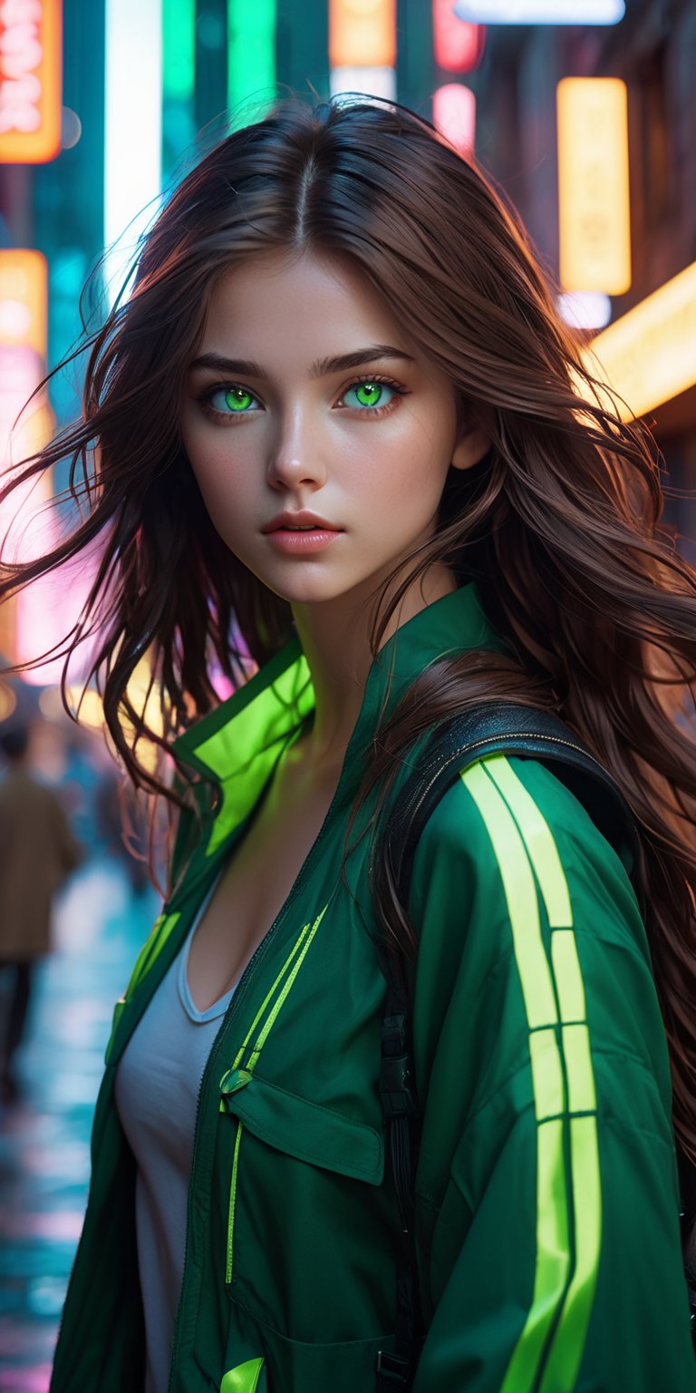(extremely intricate:1.3), (realistic), photo of a girl in a bustling metropolis, weaving through crowded streets and dark alleyways, close up, Detailed clothes, green eyes, flowing hair, determined expression, shiny glossy skin, subsurface scattering, (sharp:0.7), amazing fine detail, Nikon D850 film stock photograph Kodak Portra 400 camera f1.6 lens, rich colors, lifelike texture, dramatic lighting, urban environment, skyscrapers, neon signs,  dynamic composition, unreal engine, trending on ArtStation, cinestill 800 tungsten, volumetrics dtx, (film grain, blurry background, blurry foreground, bokeh, depth of field, motion blur:1.3),