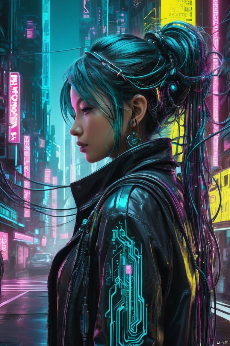 profile of a cyberpunk city girl, swirling ink forming holograms, in the style of aaron horkey, neon lights, teal, magenta, yellow, (cables, implants, cyberware:1.3),  cyberpukai , (masterpiece:1.2), best quality, (hyperdetailed, highest detailed:1.2), high resolution textures, 