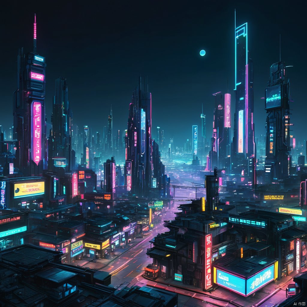 skyline of a sprawling city on a junkworld, cyberpunk, night, neon signs, spotlights, hologram,   misc  cyberpukai , (masterpiece:1.2), best quality, (hyperdetailed, highest detailed:1.2), high resolution textures, 