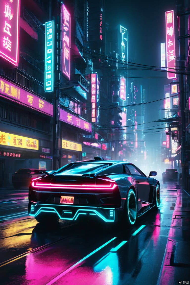 Cyberpunk city, cyberpunk car driving, neon lights, night, masterpiece, 4k, best quality, slight motion blur, photorealism