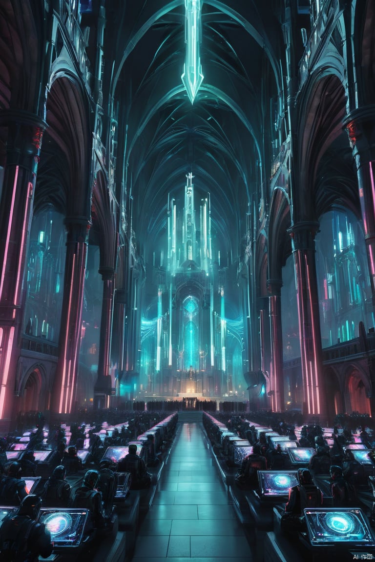 a crowd of cyborgs praying to a bio - mechanical eldritch god inside a cathedral,futuristic,gothic,cyberpunk,lovecraftian,neon colors,geometric patterns,expressionist  cyberpukai  cyborg style  future city,science fiction  teslapunkai  star citizen,100i,galaxy,aurora  c1bo 