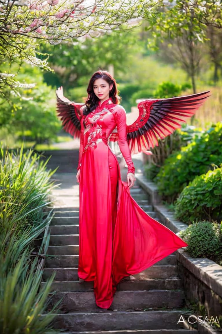 Photograph, Realistic, Full body, Beauty face, Euroasia mix women in ao dai, phoenix ao dai in red with wings, hot body, long leg, standing in middle sakura forest, light mystery, Sakura leaves falling full ground and in the winds