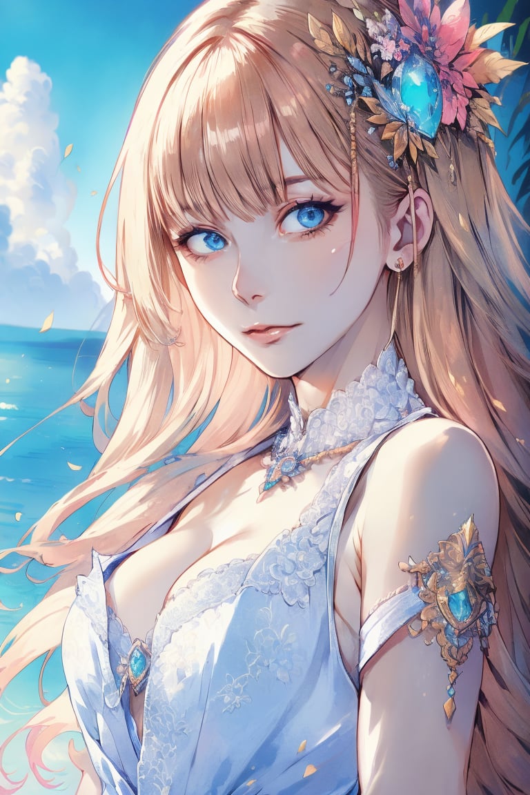 Portrait ((masterpiece)), ((best quality)), ((illustration)), extremely detailed,style girl, rare beauty,  long shot, tiny bra top, dégradé hair, half nude, beautiful detailed deep blue eyes, beautiful detailed sky, beautiful detailed water, cinematic lighting, facing_viewer, ,1 girl, scandal rina,scandal rina