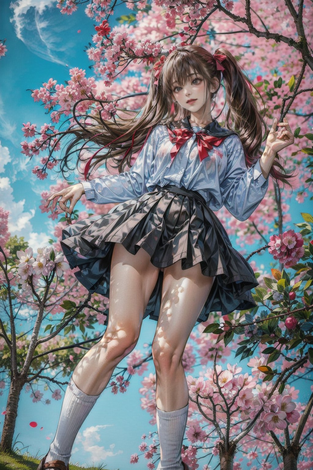 masterpiece,  highest quality,  8K,  RAW photo,
BREAK
1 japanese girl, high school student, wet school uniform,  (haircut of uniform length), (one length), see-through nude body and nipples, unclothed, Beautiful shiny black hair, straight hair, messy hair, twintails, pale white skin, white skin, full body to the toes,  beautiful thighs, (navy blue pleated skirt), looking up, close eyes, standing under the cherry trees, ((Cherry blossom storm)), cherry blossom petals are falling, reach out a hand, ((angle from below)), dimly light,  at night, high_school_girl, best quality,CherryBlossom_background,DonMS4kur4XL,scandal rina