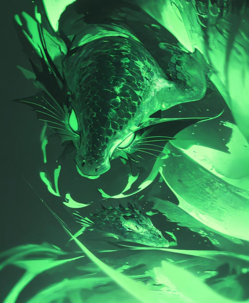 (green theme), ((glowing)), blurry, no humans, animal, underwater, dragon, scales, <lora:Green-Nostalgia:1>, medium intensity lighting, (chromatic aberration:1.3), (masterpiece, best quality, detailed:1.6), (technicolor:1.6)