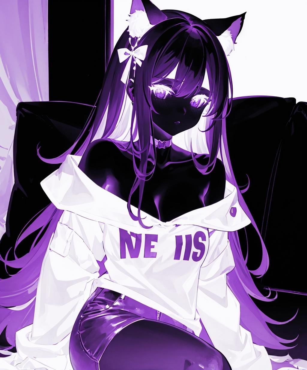 purple theme, monochrome, 1girl, long hair, cat ears,  <lora:purple_neon-03:1>