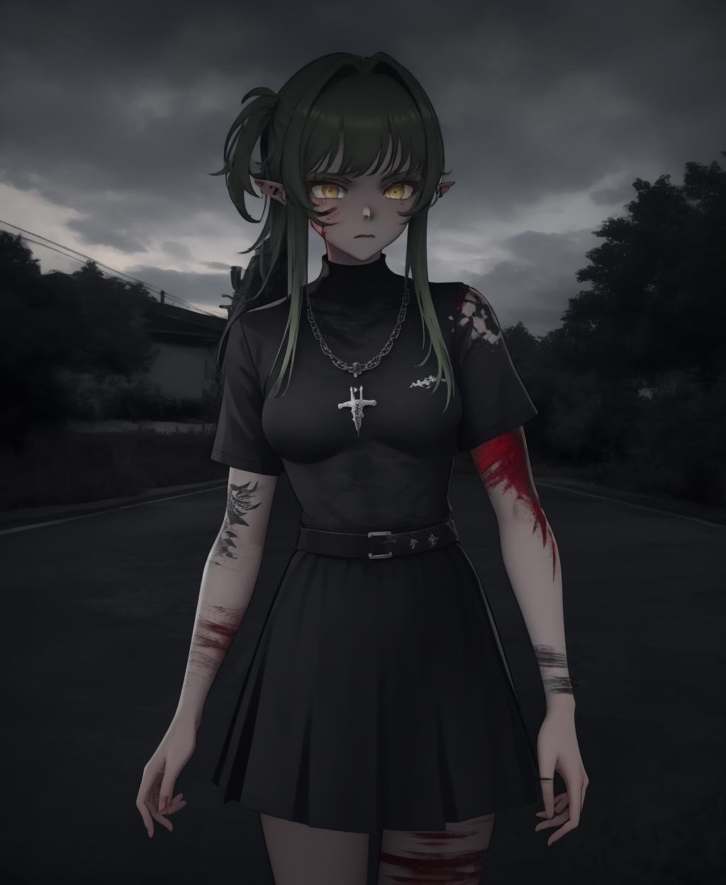 gavial, punk, dark theme, yandere_style, 1girl, green hair, yellow eyes, pointy ears, frilled skirt, outdoors, long shirt, black eyeshadow, blood, bloob on clothes, medium breasts, necklace,cowboy shot, arm tattoo, solo, <lora:Gavial-04:1>, <lora:punk_v0.2:1>, <lora:LowRA:0.8>, <lora:yandere_style-10:1>, (Random:1.5)