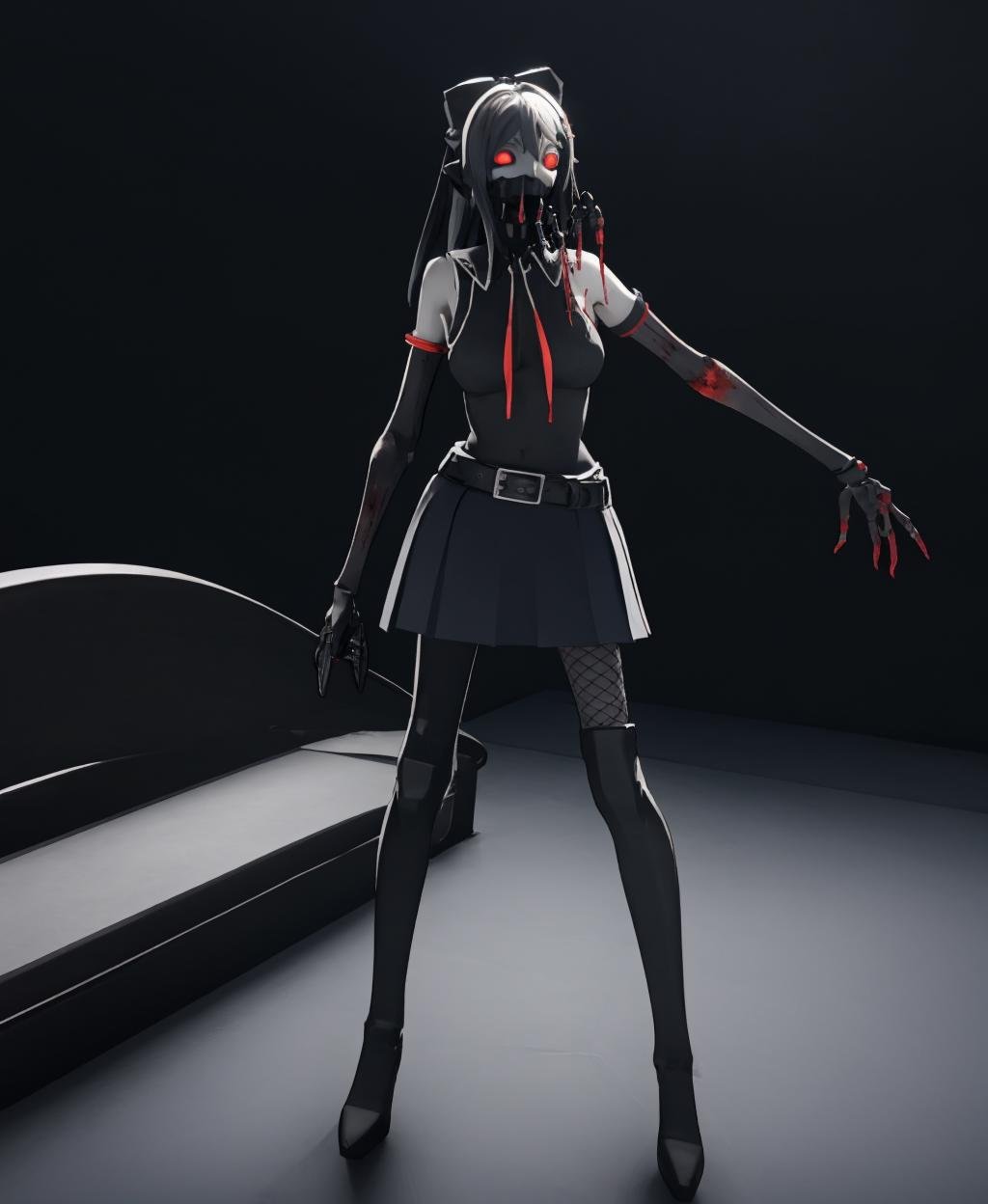 (3D Rendering:1.3), dark theme, yandere_style, bacterial, 3D Rendering, 1girl, long hair, black hair, red eyes, glowing, glowing eyes, grey eyes, ribs, bone, spine, blood, blood on face, blood on clothes, detached sleeves, belt, black skirt, black footwear, knee boots, fishnets, fishnet pantyhose, upper body, building, solo, <lora:yandere_style-10:1>, <lora:bacterial_contamination-10:1>, <lora:LowRA:0.8>