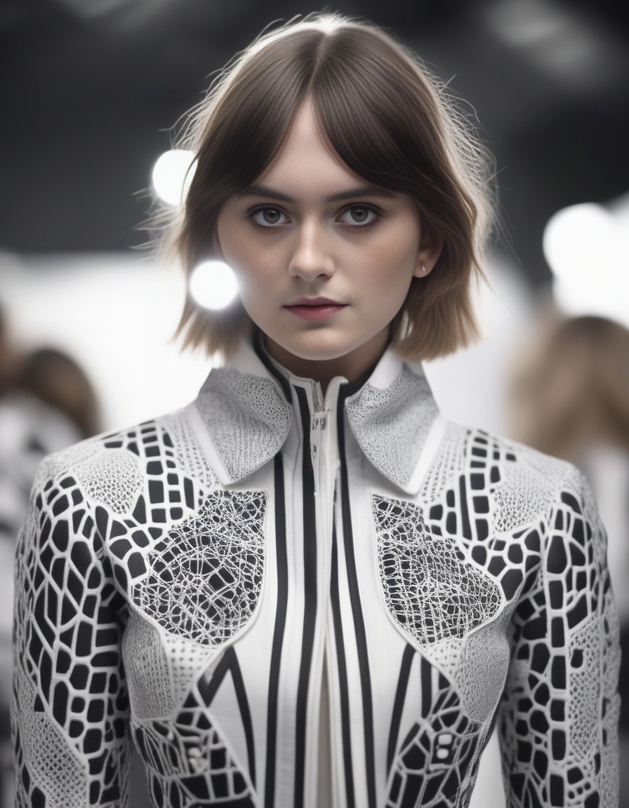 EmiliaJones,<lora:EmiliaJonesSDXL:1>,An elegant female super model at London Fashion Week, wearing a costume designed by Thom Browne with design elements including 3D generative Voronoi artwork created by artificial intelligence black-white textile materials polarized.toplight lighting photographed with Sony A7 IV