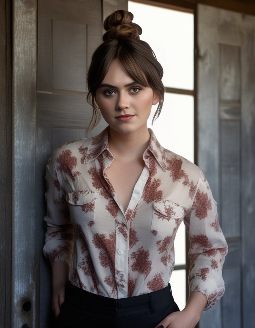 EmiliaJones,<lora:EmiliaJonesSDXL:1>,3/4 shot, photograph of, a woman with a voluminous messy bun hair, auburn highlights, wearing a button down collared blouse with a floral pattern, (busty:1.1), leaning up against worn barn door, head tilted, smirking at the camera, natural light, dark shadows, masterpiece, UHD