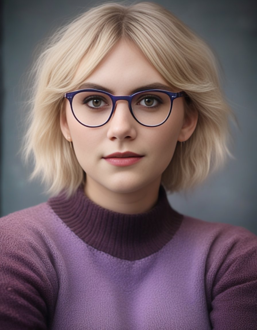 EmiliaJones,<lora:EmiliaJonesSDXL:1>,(medium shot:1.3) photography, woman wearing purple eyeglasses, fur sweater, blond hair, short hair, high quality, highly detailed, Sharpdetail, photorealism, hyperrealism, realistic, real, natural color, warm tone