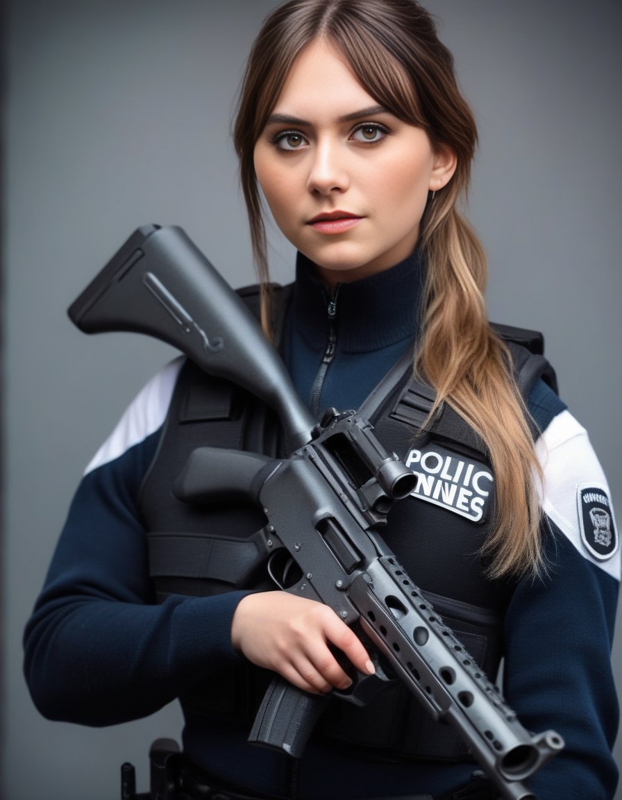 EmiliaJones,<lora:EmiliaJonesSDXL:1>,photo,detailed background, stunning beauty, high quality photo, perfect composition, perfect details and textures, highly detailed, front view, looking at camera, perfect lighting, with a ponytail, with a bulletproof vest and a shotgun, policewoman