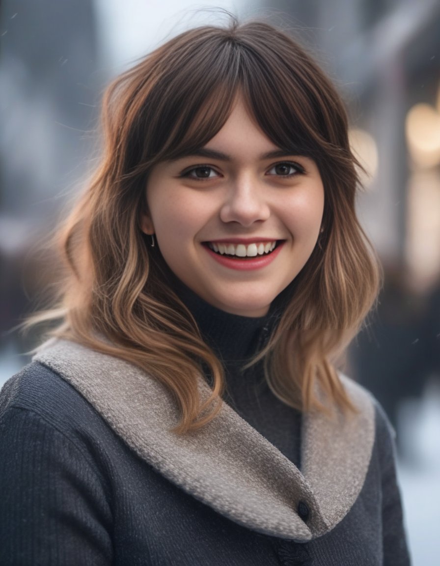 EmiliaJones,<lora:EmiliaJonesSDXL:1>,A close-up portrait of a beautiful girl, smiling, with a Layered Shag with Bangs hair style,  winter dress, highly detailed, highly realistic, 12K