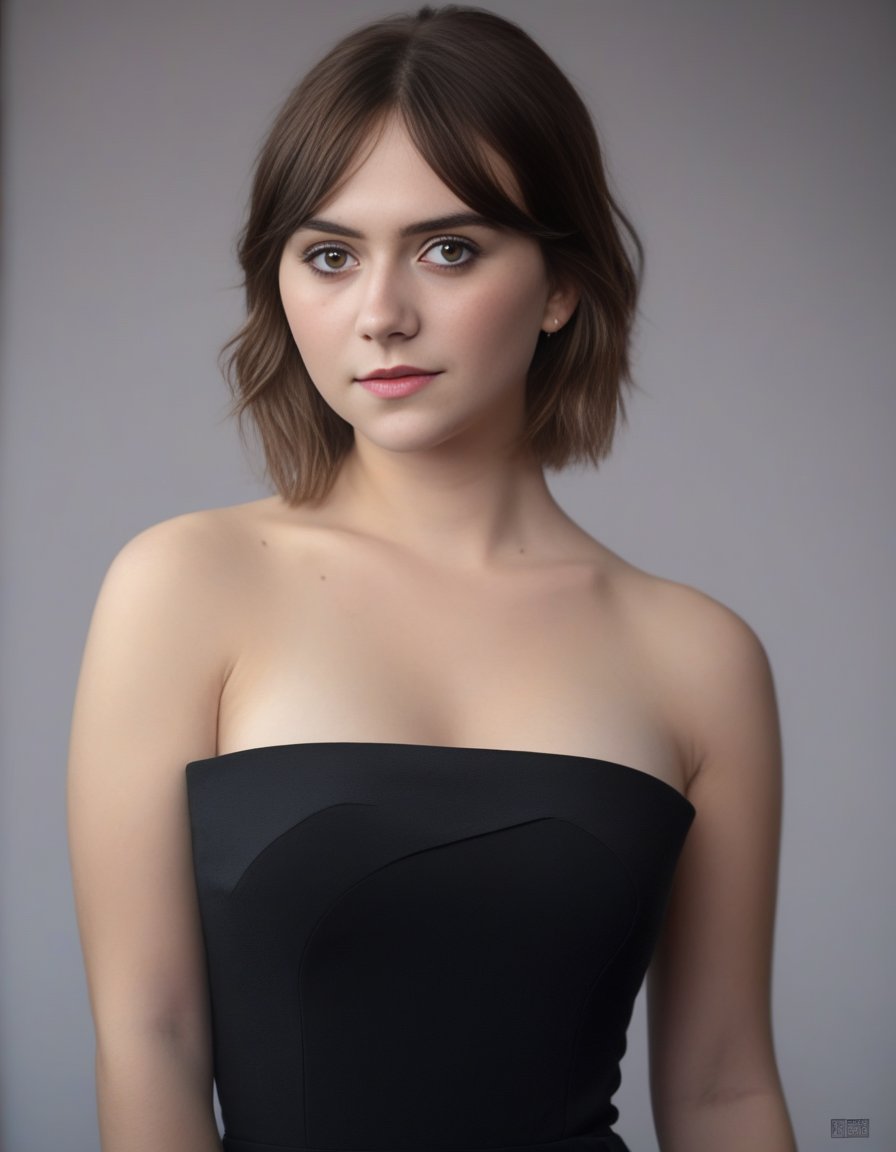 EmiliaJones,<lora:EmiliaJonesSDXL:1>,Best quality, masterpiece, ultra high res, (photorealistic:1.4), raw photo,1girl, solo, realistic, looking at viewer, upper body,simple background, black dress, off shoulder