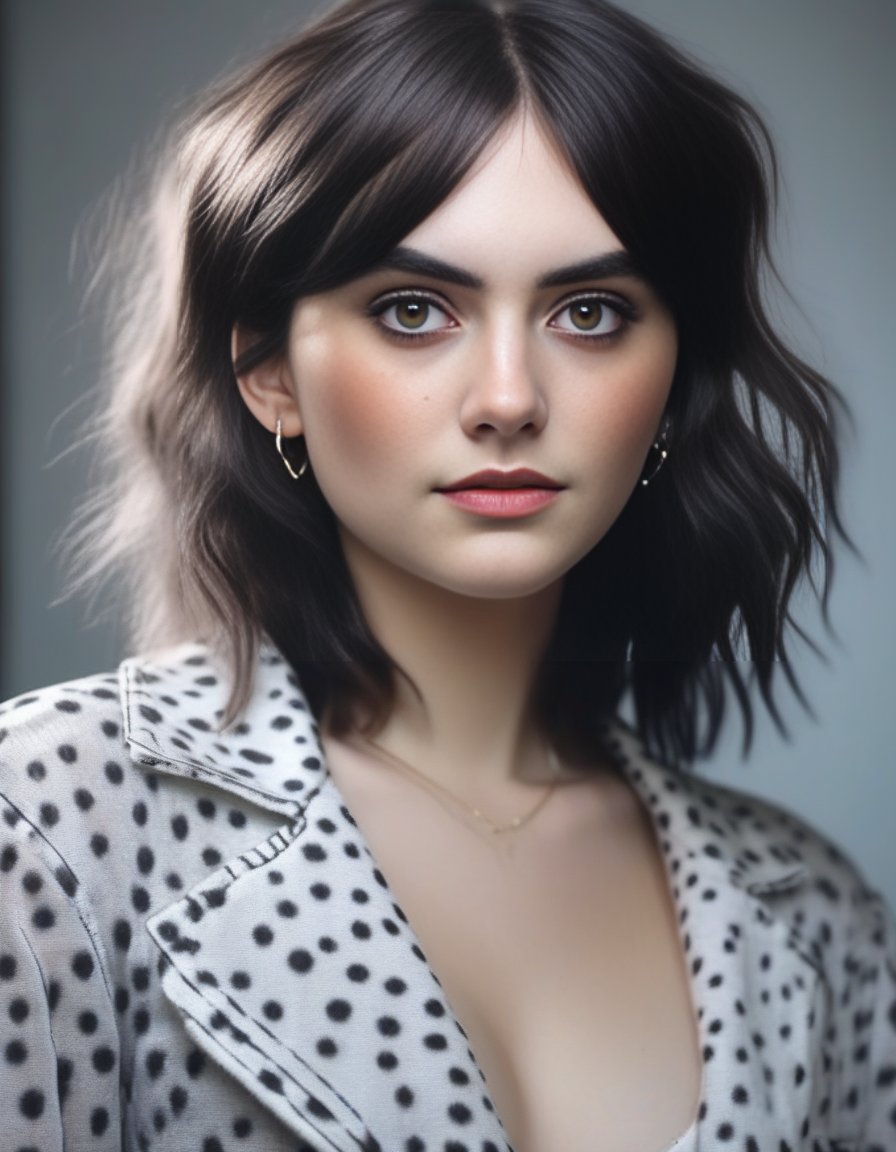 EmiliaJones,<lora:EmiliaJonesSDXL:1>,Generate a hyper-realistic portrait of a beautiful white girl with neon black hair, light freckles, resembling an Instagram fashion influencer