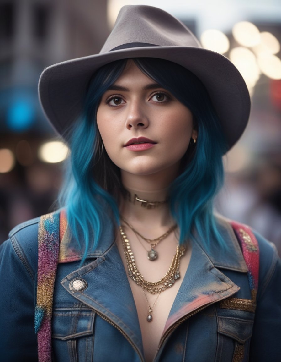 EmiliaJones,<lora:EmiliaJonesSDXL:1>, Realistic photo of a beautiful  woman, 1girl, solo, long hair, hat, jewelry, blue hair, jacket, multicolored hair, necklace, bracelet, lips, realistic, fashion, soft lighting, professional Photography, Photorealistic, detailed, RAW, analog, sharp focus, 8k, HD, DSLR, high quality, Fujifilm XT3, film grain, award winning, masterpiece