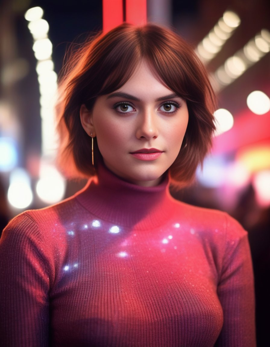 EmiliaJones,<lora:EmiliaJonesSDXL:1>   (art by Mary Beale:0.8) , A photorealistic image of a woman, at a red carpet event, dressed in an elegant turtleneck sweater, with neon lighting reflecting her bold makeup, in a bustling Hollywood setting, captured in a third-person perspective with fish-eye lens, in a glossy magazine cover style, adding dramatic and cinematic effects, analog film grain, bokeh