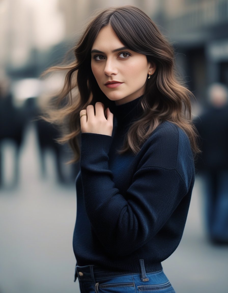 EmiliaJones,<lora:EmiliaJonesSDXL:1>,An image of a pretty woman with wavy brunette, dimensional dark brown Highlights hairstyle, a mild warm complexion, subtle eye-focused makeup. She's dressed in a black sweater and blue jeans, standing casually on an urban street, touching her hair with one hand, in the style of Annie Leibovitz.