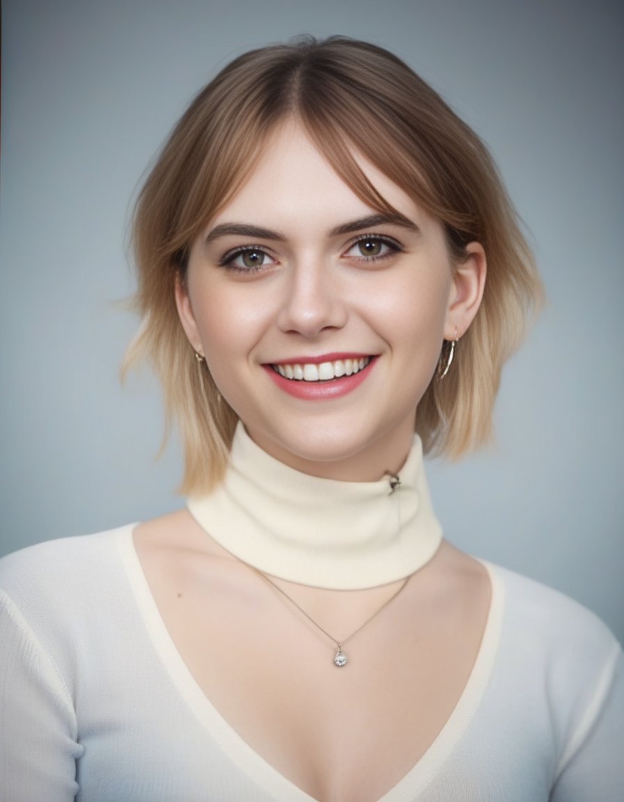 EmiliaJones,<lora:EmiliaJonesSDXL:1>,Realistic photo of a beautiful woman, 1girl, solo, looking at viewer, smile, short hair, blue eyes, blonde hair, simple background, white background, jewelry, earrings, parted lips, artist name, lips, turtleneck, portrait, hoop earrings, realistic, android 18, soft lighting, professional Photography, Photorealistic, detailed, RAW, analog, sharp focus, 8k, HD, DSLR, high quality, Fujifilm XT3, film grain, award winning