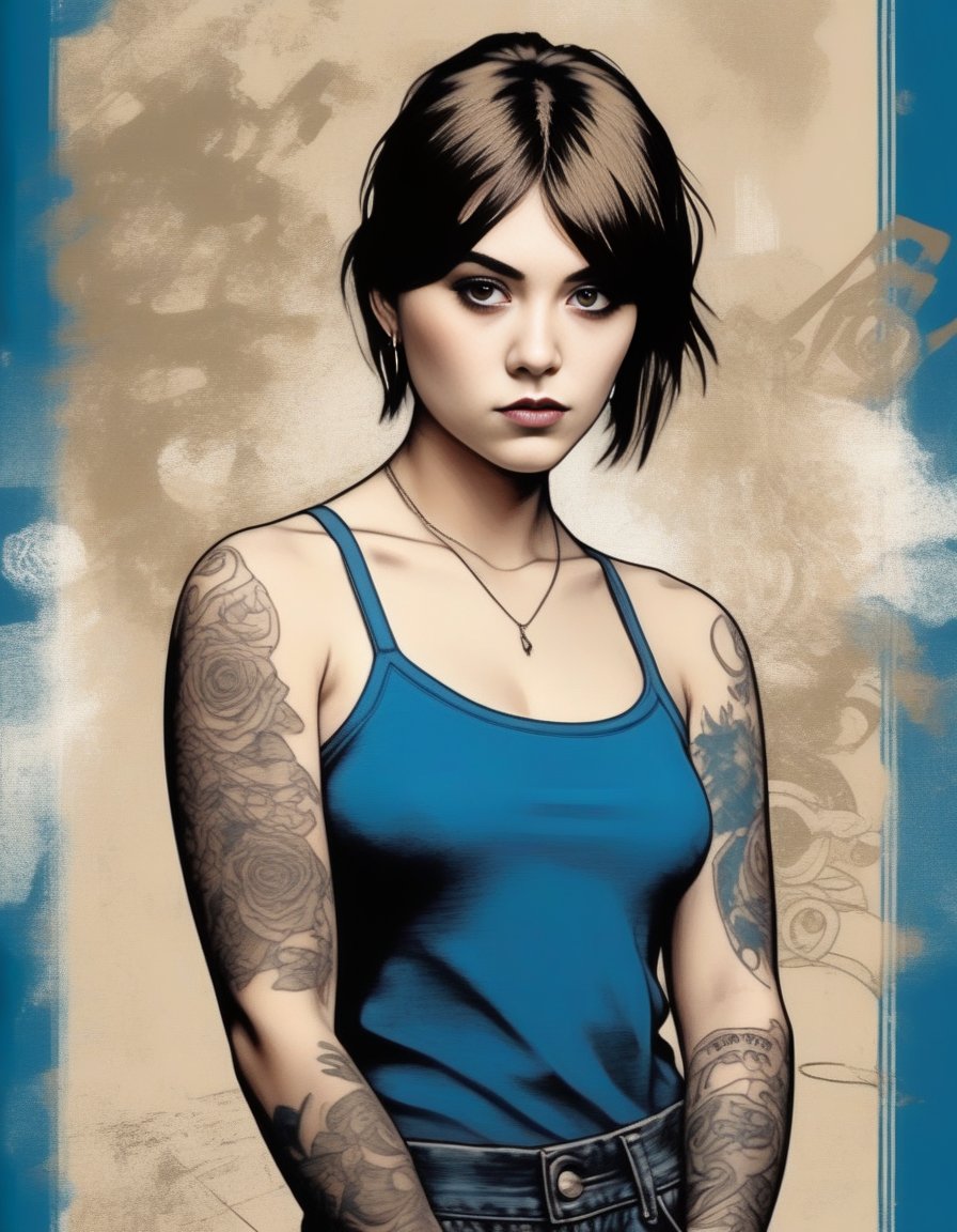 EmiliaJones,<lora:EmiliaJonesSDXL:1>,an illustration of a girl with tattoos on a grunge background, in the style of bo chen, bold graphic comic book art, dark beige and blue, raymond leech, 32k uhd, ai weiwei, bold posters
