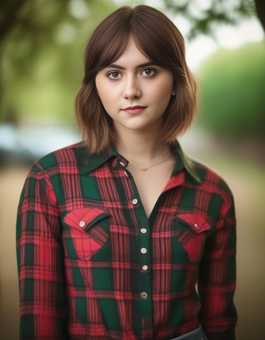 EmiliaJones,<lora:EmiliaJonesSDXL:1>,A portrait of a young beautiful girl, natural complexion soft skin, under cut hair style, highly details, slim-with-curves, green-red Tartan  shirt, outdoor setting, establishing shot