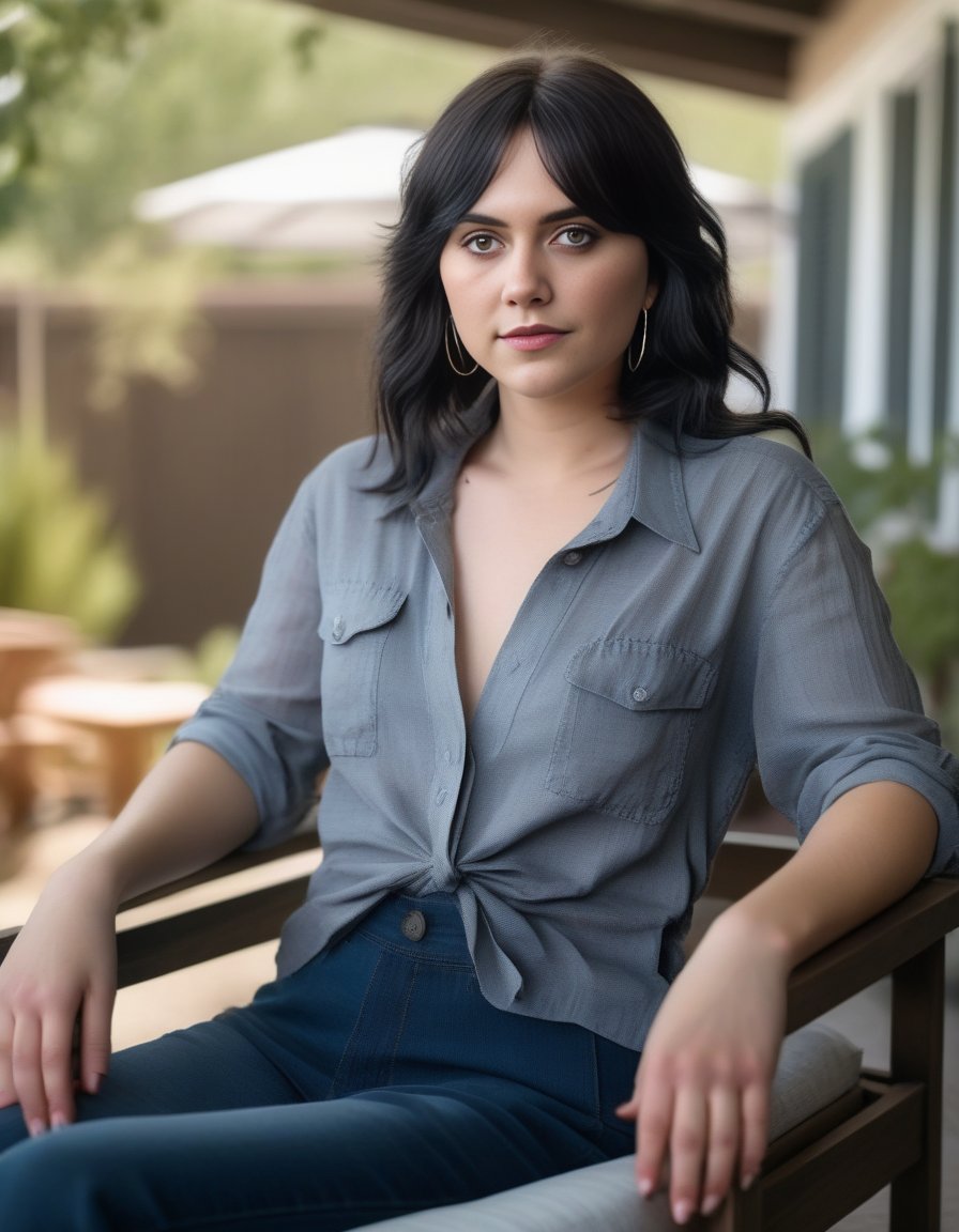 EmiliaJones,<lora:EmiliaJonesSDXL:1>,3/4 shot, photograph of, a woman, messy black hair with gray highlights, wearing a tank top and an unbuttoned collared dress shirt, sitting on a patio chair in her backyard, natural light, 8k, realistic