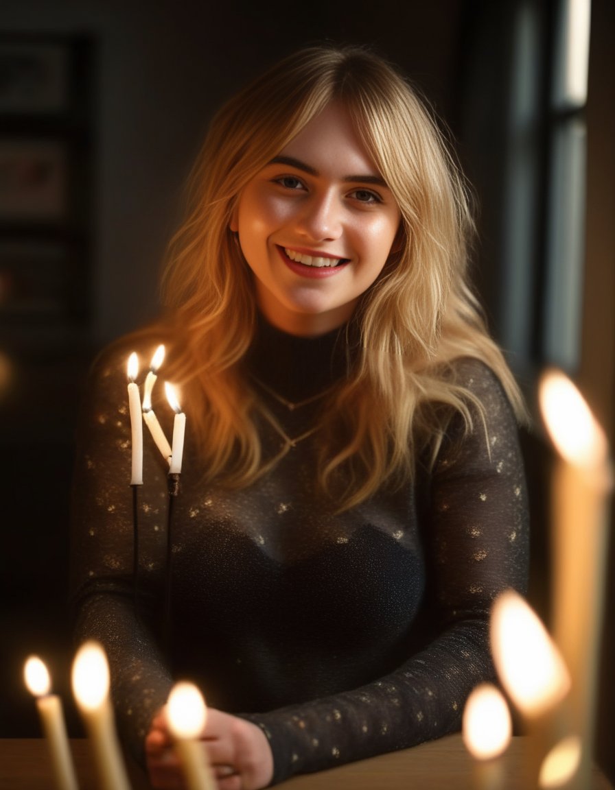 EmiliaJones,<lora:EmiliaJonesSDXL:1>,Full Body, photograph of, a woman with golden blonde hair and dark roots plays with her hair with a big smile, wearing a loosely knit dark blouse in a room lit only by candles, (late evening:1.2), (low light: 1.4), masterpiece, UHD, dark, moody