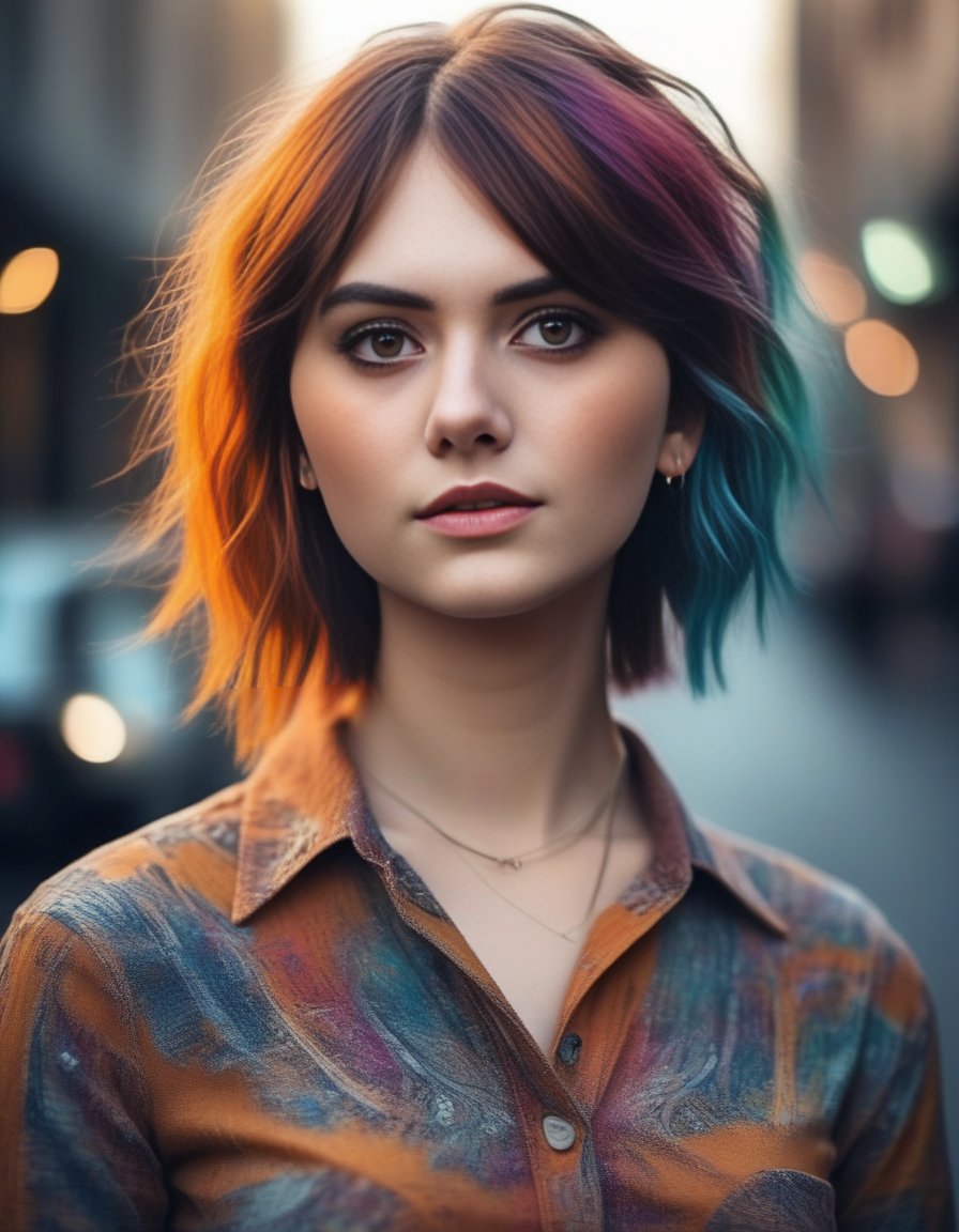 EmiliaJones,<lora:EmiliaJonesSDXL:1>,A realistic photograph of a stunning girl with [colorful hair] with [dark roots], a [small nose], highly detailed face, detailed woman face, detailed hand, beautiful [brown eyes], wearing a [shirt], in [city], [full body], highly detailed, cinematic, professional, bright color, dramatic ambient dynamic, thought, majestic, rich deep colors, vivid, stunning, graceful, wonderful, magic, perfect, pretty, marvelous, pure, scenic, sharp focus, extremely inspirational, elegant, colossal, epic, fine detail, sincere, amazing, singular, beautiful, fantastic