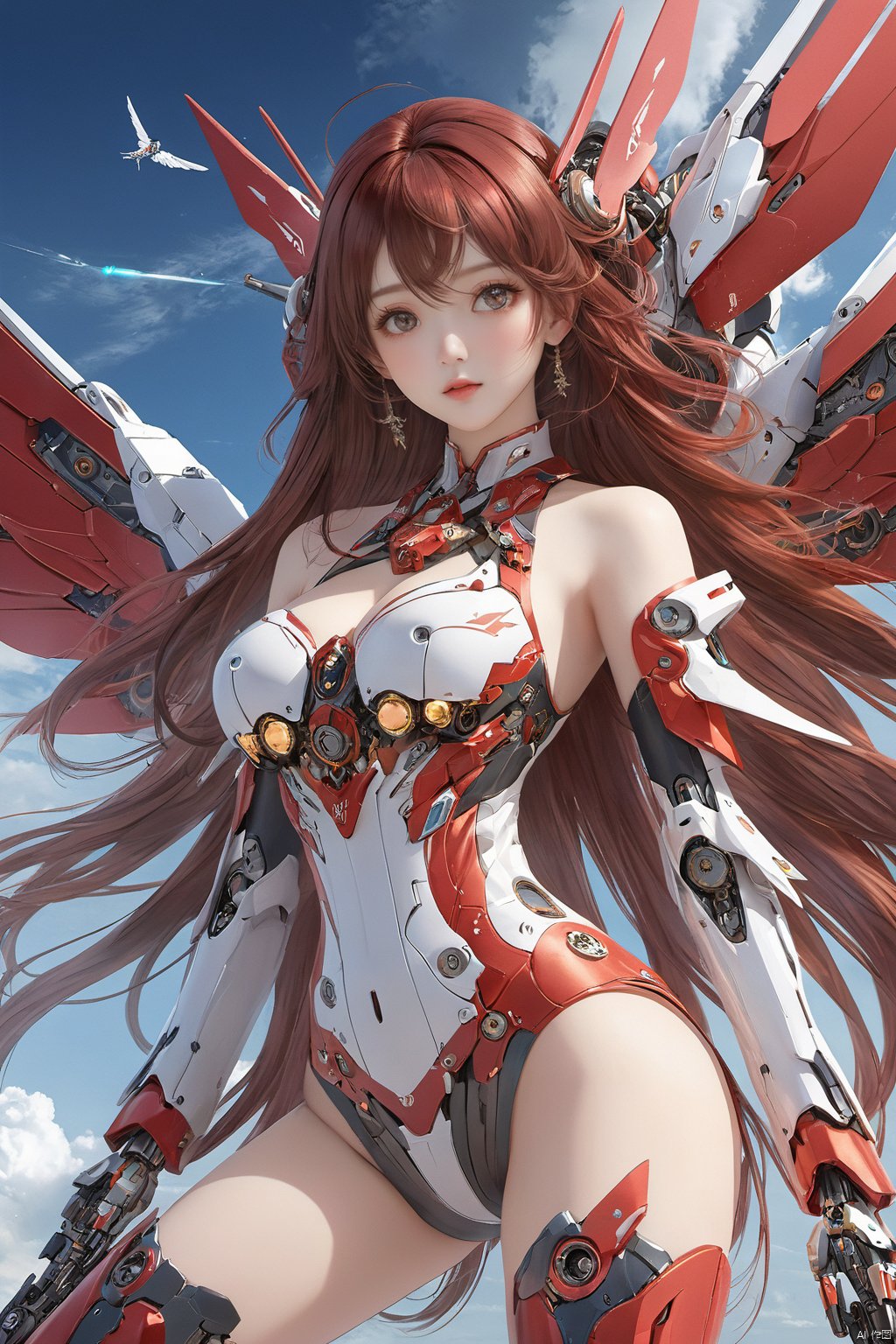  ((masterpiece)), ((best quality)), ((illustration)), extremely detailed,1 girl,mecha clothes,, big breasts,Dark red very_long_hair, scifi hair ornaments, beautiful detailed deep eyes, beautiful detailed sky, cinematic lighting, wind,Mechanical wings