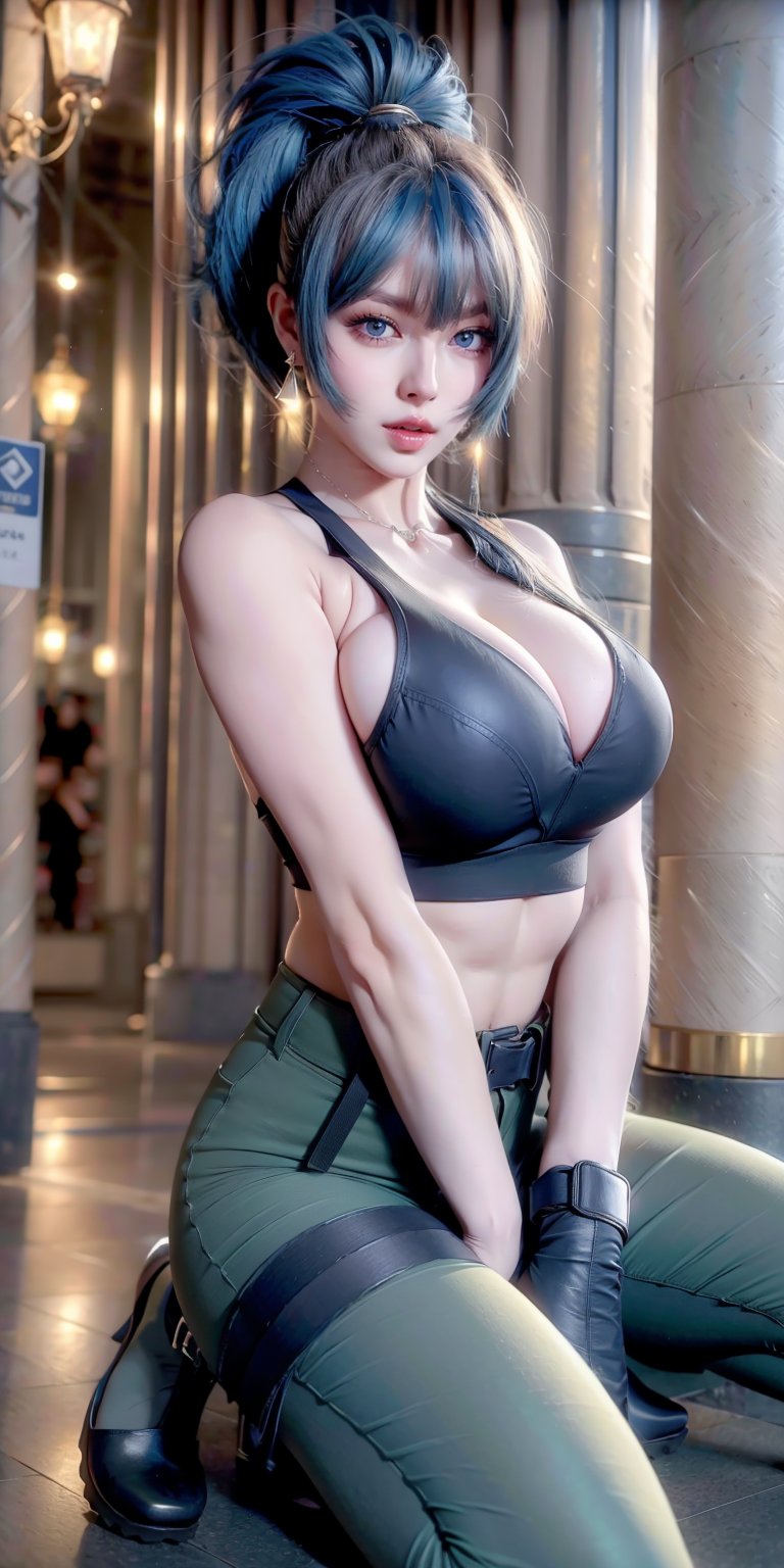 masterpiece, best quality, highres, 1girl, leona heidern, solo, blue eyes, blue hair, ponytail, tank top, camouflage pants, jewelry, boots, cleavage, camouflage, bare shoulders, large breasts, crop top, pouch, bangs, belt, earrings, sleeveless, midriff, long hair, military, triangle earrings, black gloves, dynamic pose, cowboy shot:1.3,clearire1