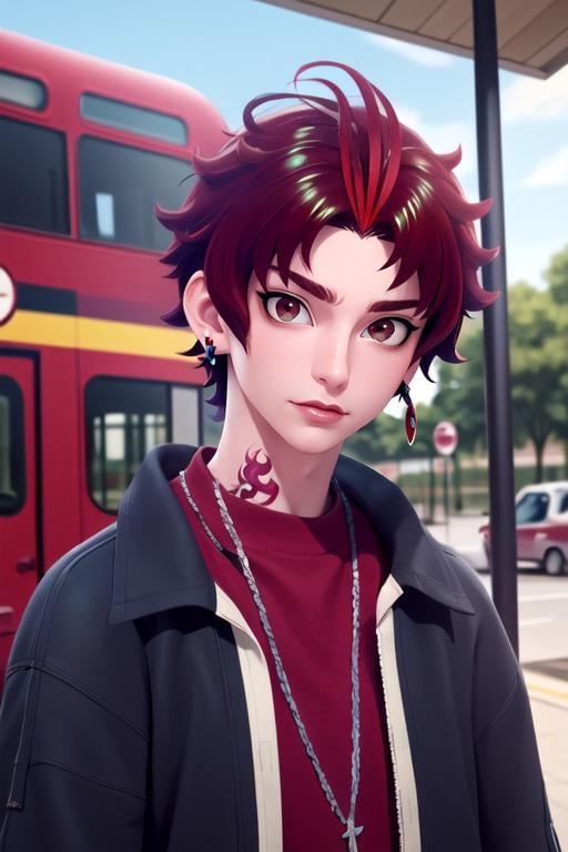 (best quality:1.1), (masterpiece:1.4), photorealistic, looking at viewer, upper body, depth of field, anime coloring, (semi-realistic:1.4), 1boy, solo, male focus, <lora:allen_sugasano:1>, allen_sugasano, red hair, red eyes, short hair, , , earrings, outlaw costume, bus stop,