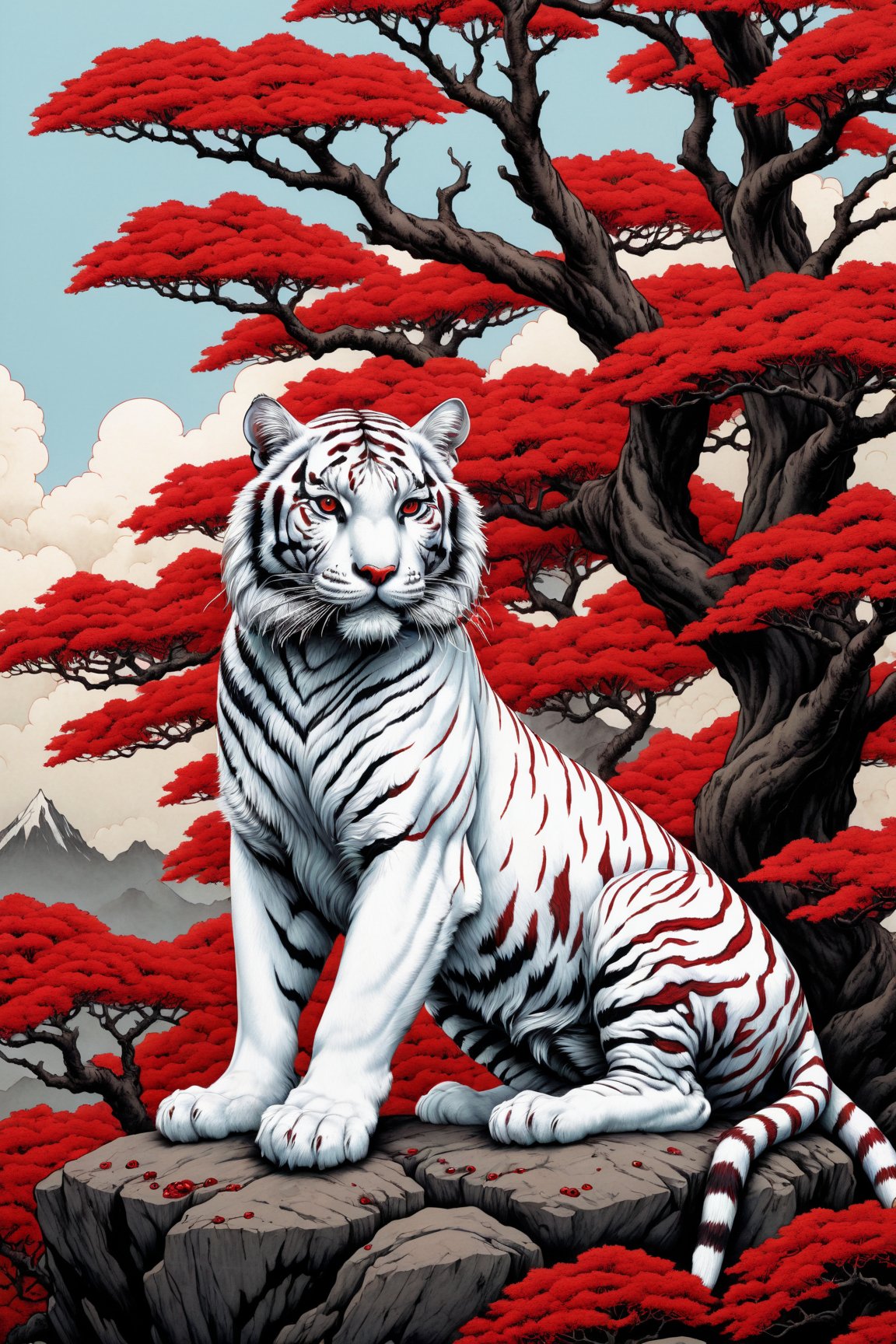 Masterpiece,a full shot of a sitting white tiger on top of a pile of red skulls behind it a beautiful female,tree highly detailed colored illustration for a tattoo,sexy body, detailed artwork, in the art style of ukiyo-e, art cover illustration, Keith Thompson art style,photorealistic